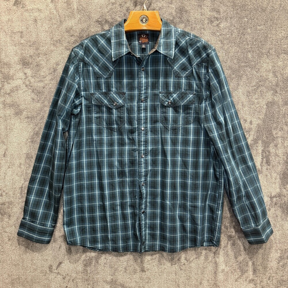 Moon Shine Spirit Shirt Mens Large Teal Plaid Western Pearl Snap Brad Paisley